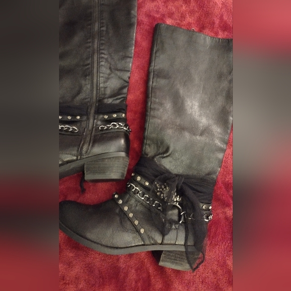 Black Knee-High Boots with Chain, Rhinestone and Strap Details - Picture 15 of 15